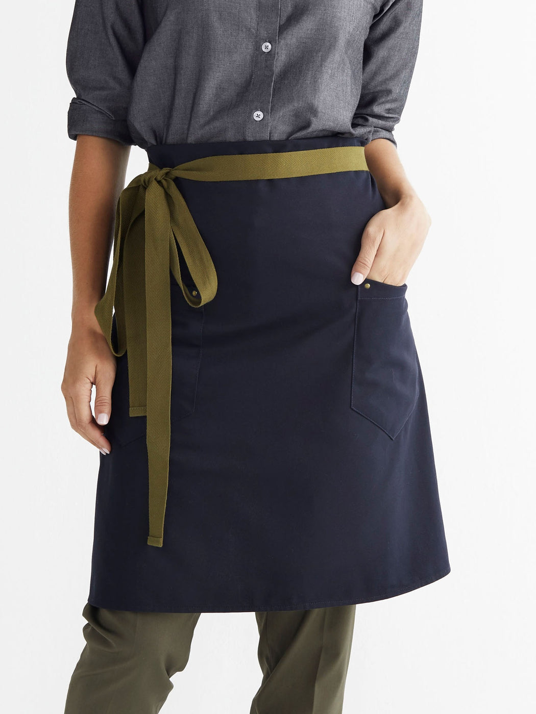 Bib Apron with Contrast Ties - Midnight Blue/Olive