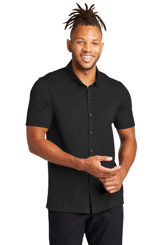 Men's Stretch Pique Full-Button Polo - Deep Black