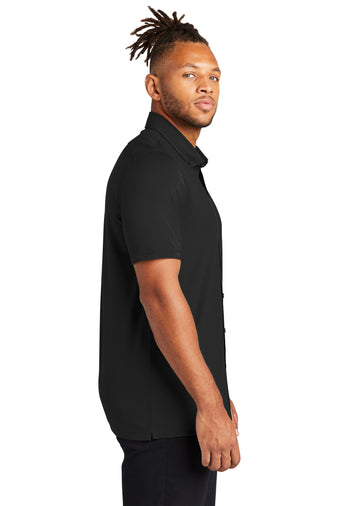 Men's Stretch Pique Full-Button Polo - Deep Black