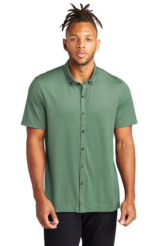 Men's Stretch Pique Full-Button Polo - Sage Heather